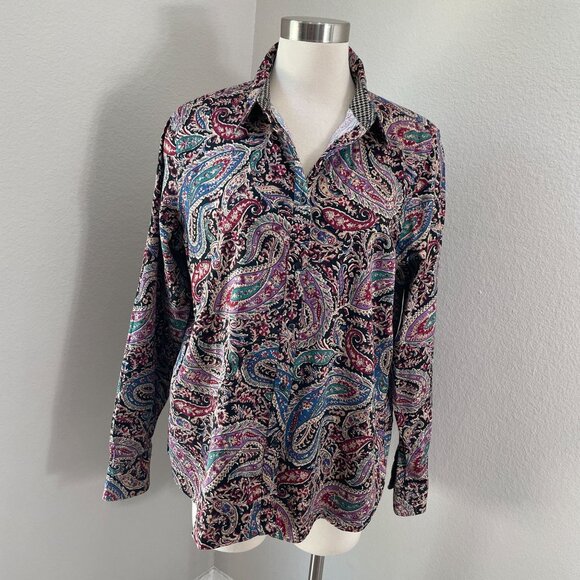 Chaps Womens XL No Iron Paisley Button Up Shirt Long Sleeve Blouse Top - Picture 1 of 11